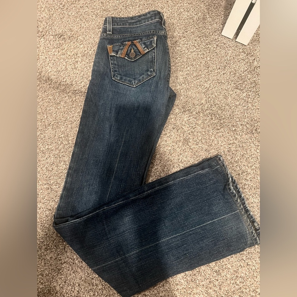 Paige Fair fax Leather Trim Back Pocket Bootcut Premium Denim Blue Jeans Size 25